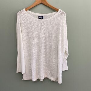 Lands End Linen Cotton Cable Knit Sweater Womens XL White Lightweight Minimalist